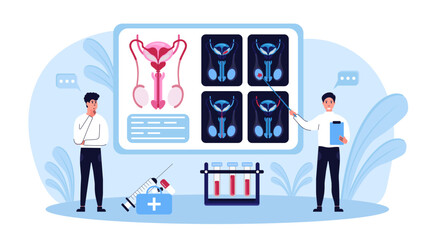 Nephrology, urology. Urinary Tract Infection, UTI Medical Concept. Doctors analyze the MRI results and determine the type of disease. Vector illustration