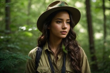 A Portrait of Young Female Scout in the Enchanting Green Forest, Illuminated by the Mysterious Glow of Nighttime Adventure