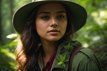 A Portrait of Young Female Scout in the Enchanting Green Forest, Illuminated by the Mysterious Glow of Nighttime Adventure