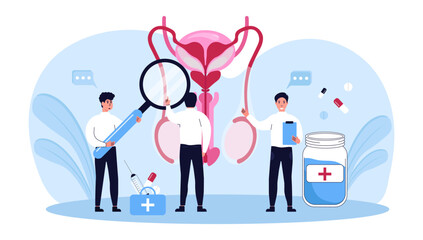 Nephrology, urology. Urinary Tract Infection, UTI Medical Concept. Doctors are looking for the cause of the disease of the male reproductive and urinary systems  Vector illustration