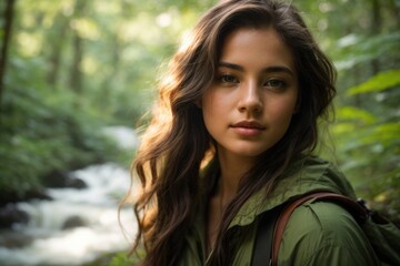 A Portrait of Young Female Scout in the Enchanting Green Forest, Illuminated by the Mysterious Glow of Nighttime Adventure