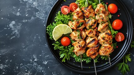 Chicken tikka kebab on skewers with parsley and cherry tomatoes