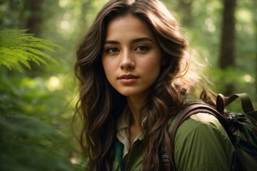 Obraz premium A Portrait of Young Female Scout in the Enchanting Green Forest, Illuminated by the Mysterious Glow of Nighttime Adventure