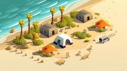 copy space, Illustration vector graphic of summer holiday concept, camping on the beach.Isometric style. Holiday summer theme. Travel destination in the tropics. Adventure with tent on the beach.