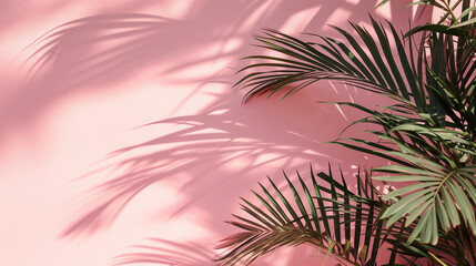 Fototapeta na wymiar Palm tree branches, Blurred shadow from palm leaves on the pink wall. Minimal abstract background for product presentation. Spring and summer, Ai generated image 