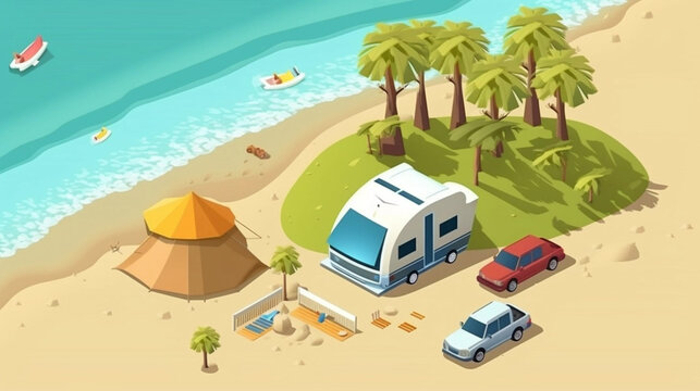 copy space, Illustration vector graphic of summer holiday concept, camping on the beach.Isometric style. Holiday summer theme. Travel destination in the tropics. Adventure with tent on the beach.