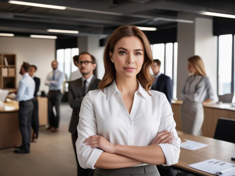 Business woman standing in office space. He is discussing business with his colleagues
