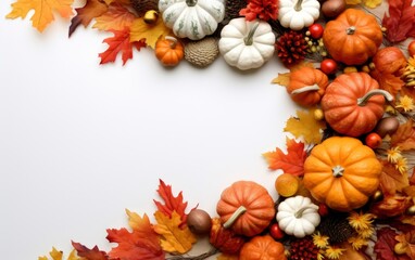 Fototapeta premium Various fresh ripe pumpkins with dry maple leaves isolated white background, top view photo with copy space