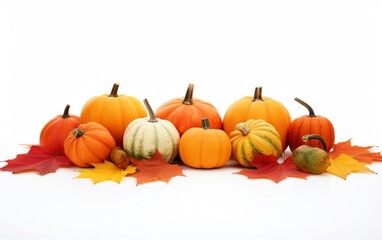 Various fresh ripe pumpkins with dry maple leaves isolated white background, top view photo with copy space