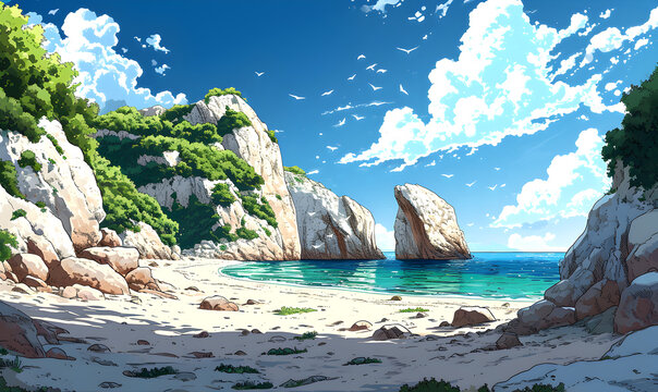 Seaside beach on a Mediterranean island. Summer holidays illustration.