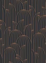 Art deco oval leafy geometrical seamless pattern drawing in dark brown palette.