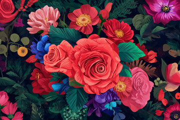 Create an illustration of a stunning bouquet where red roses take center stage, surrounded by other vibrant flowers, symbolizing the timeless and eternal nature of love