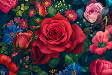 illustration of a stunning bouquet where red roses take center stage, surrounded by other vibrant flowers, symbolizing the timeless and eternal nature of love