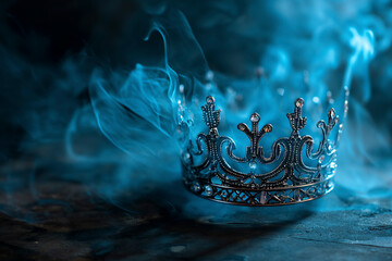 A battered antique crown in flames. Images of defeat and decline. - obrazy, fototapety, plakaty
