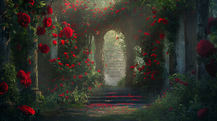 enchanting garden scene filled with red roses of different sizes and shades, creating a whimsical atmosphere that portrays the diverse and captivating aspects of love