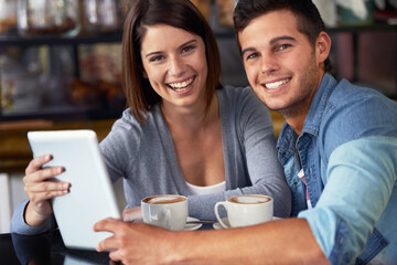 Portrait, coffee shop and couple of business owner with tablet for management of diner, services or...