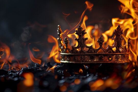 A battered antique crown in flames. Images of defeat and decline.