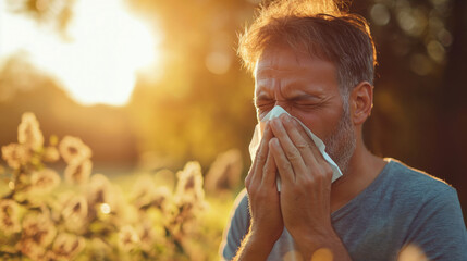 sneezing mid-aged man outdoors