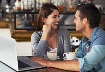 Laptop, cafe conversation and couple laughing at customer experience, discussion or funny...