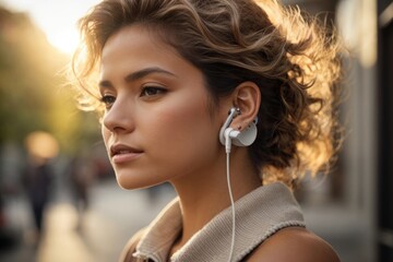 Fototapeta premium World hearing day photography, A girl listening using headphones