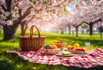 AI Generative image of a spring picnic - obrazy, fototapety, plakaty
