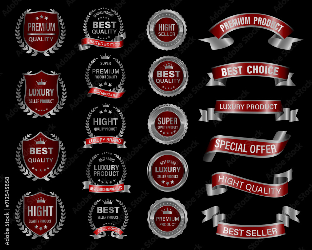 Wall mural Silver red luxury premium quality label badges on black background vector