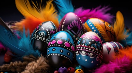 Fototapeta na wymiar colorful easter eggs with fearthers on black background