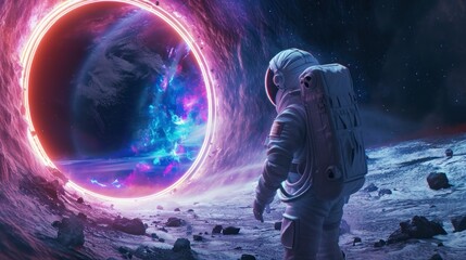 Fototapeta na wymiar astronaut entering a neon portal