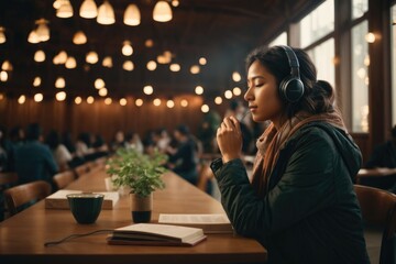 World hearing day photography, A girl listening using headphones