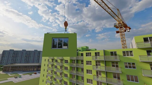 Construction site with crane and building under construction. Volumetric modular construction involves stacking and joining prefabricated modules to create a complete building. 3D rendering. Building 