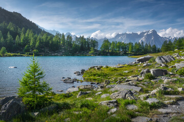 The Arpy Lake and the Mont Blanc massif in the background. Aosta Valley, Italy