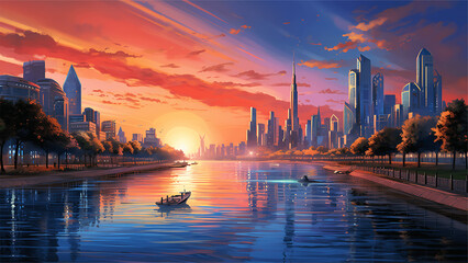 Fototapeta premium Shanghai skyline at sunset with boats and skyscrapers.