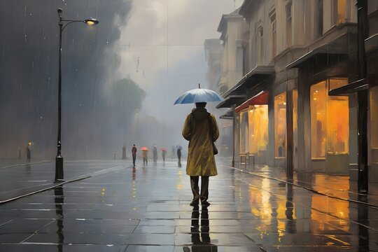 person with umbrella walking in the rain painting