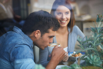 Relax man, coffee cup and couple on restaurant date, lunch break or enjoy caffeine beverage, latte or espresso. Relationship, cafe window and people drinking coco, cacao liquid or cappuccino in diner