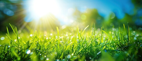 Fototapeta premium Spring or Summer Green Grass field with sunny bokeh background