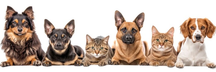 Group of dogs and cat isolated on a white background. 