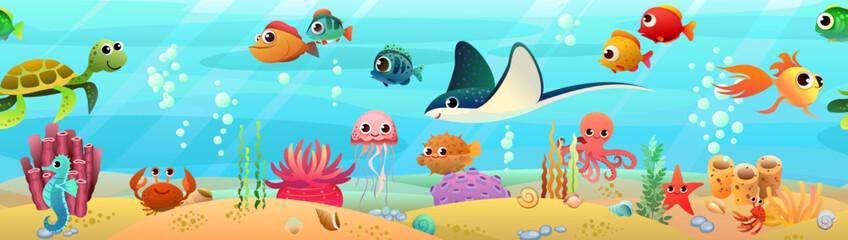 Obraz na płótnie Canvas underwater world of animals, fish and plants. Tropical species. Picture horizontally seamless. Cartoon fun style Illustration vector