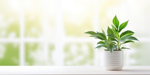 White table background with green plant for your decoration and spring window.