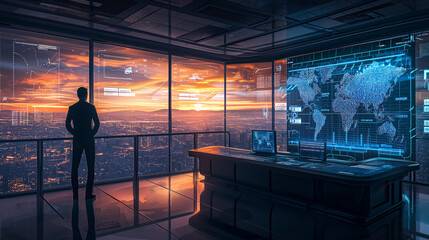 Silhouette of a Person in Control Room Overlooking Sunset