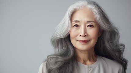 Fototapeta premium Elegant, smiling, elderly, chic Asian woman with gray long hair and perfect skin, on a gray background, banner