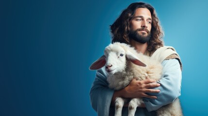Portrait of Jesus Christ with sheep on blue background with copy space