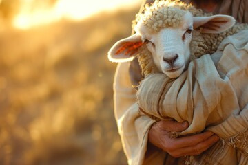 Sheep in the hands of a Jesus on the background of sunset