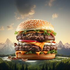 hamburger on a mountain background