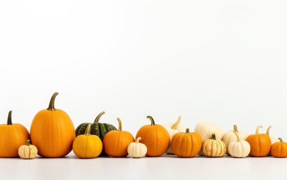 Various fresh ripe pumpkins isolated white background, top view photo with copy space