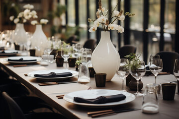 A modern laid restaurant table setting features a large white vase with orchids, black and gold accents, offering a contemporary vibe for promotional material of a modern eatery or event brochure - obrazy, fototapety, plakaty