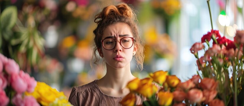 Upset white woman at florist, skeptical and nervous due to a problem, frowning and negative.