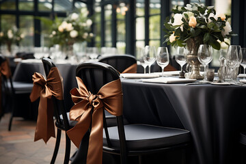 Black dressed tables with gold bows and white floral centerpieces set regal tone for sophisticated gala or upscale dining event, for editorial spreads in lifestyle magazines or event design portfolios - obrazy, fototapety, plakaty