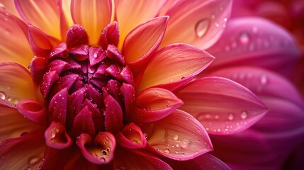  a close up of a pink and yellow flower with drops of water on the petals and the center of the flower.