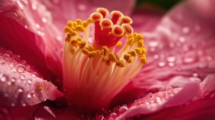  a close up view of a pink flower with drops of water on the petals and the center of the flower.