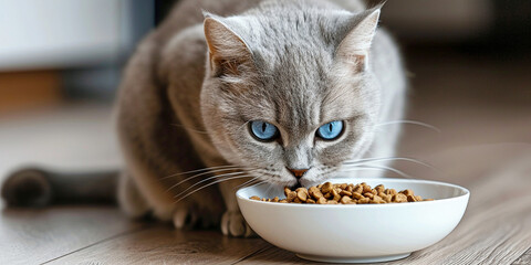 A gray cat with blue eyes sits on the floor in the living room, next to a bowl and eats premium dry...